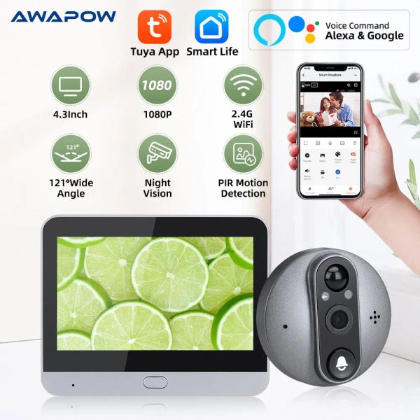 Pues de puerta Awapow Wifi Peephole Camera de puerta 1080p 4.3 pulgadas Peephole Cámara Visión nocturna Smart Tuya Video Door Bell Digital Visor