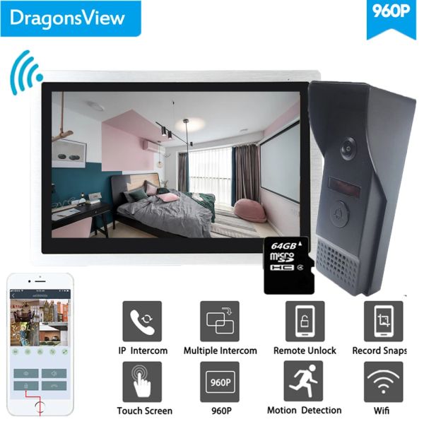 Sonnets de portes Dragonsview Système d'interphone WiFi 10 pouces Caméra de porte IP sans fil Smart Android ISO Mobile Phone Survering 960p