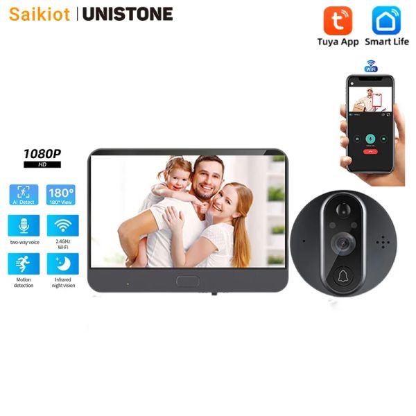 TOMENTS SAIKIOT TUYA Video inalámbrico Smart Touletbell 1080p Wifi Peephole Fisheye Camera de Audio Pir Motion Detection Eyecat