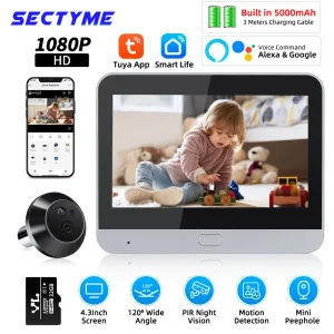 Sonnette de portes de porte 4,3 pouces Black Mini Péphole Doyer TUYA Smart 1080p Night Vision Pir Motion Détection de détection de porte Camerie de sécurité Home