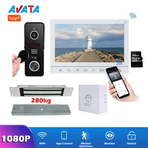 Deurbellen Tuya 1080p WiFi Smart Video Deur Telefoon Intercom met deurbel RFID ontgrendelen met magnetisch slot 280 kg en 3A Power Source Touch Exit