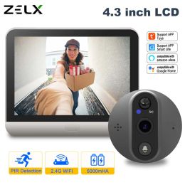 Sonnettes de porte Camera de porte vidéo Smart Video Smart 1080p HD WiFi Peephole CAM 4,3 pouces LCD Twoway Audio Night Vision Home Security Monitor Alexa