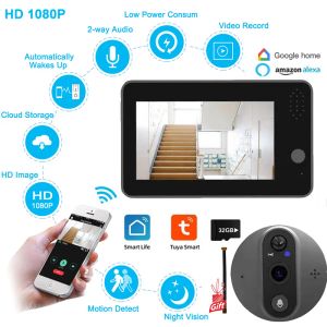 Sonnettes de porte tuya smart vidéo sonnette de porte de porte peèphole sonne de porte 1080p caméra wifi 4,3 pouces hd pir pir wire sans fil carillon alexa porte de porte