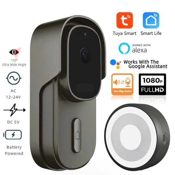 Sonnets de porte tuya vidéo sonnette de porte wifi porte sans fil Bell DC AC Batterie alimentée 1080p 2MP imperméable avec Alexa Call Camera Smart Home