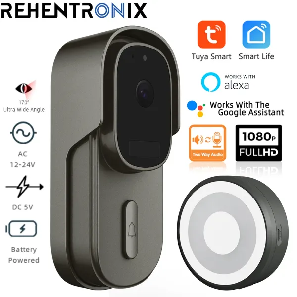 Sonnette de portes TUYA VIDEO DOORDE WiFi Wireless Wired Door Bell DC AC Batterie alimentée 1080p 2MP Impermite avec Alexa Google Door Bell Camera