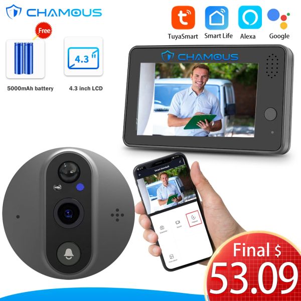 TOMENTS TUYA Wifi Door Bell Eye Peephole Camera 1080p Mini Video Hoterbell con pantalla LCD de 4.3 pulgadas Alexa Googlehome Smart Life Protection