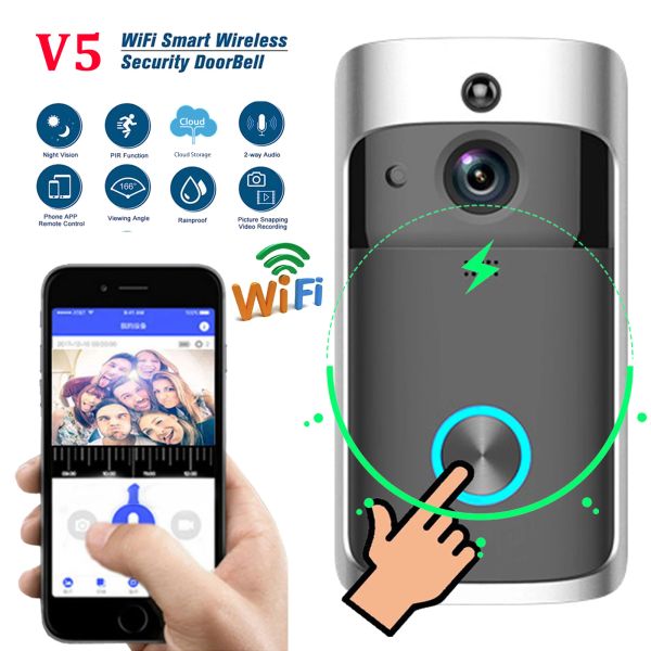Sonnette de portes V5 WiFi Wiless Smart Doorbell Night Vision Vision Vidéo Interphone Pobell Pir Motion Détection de sécurité Caméra de la porte de la porte