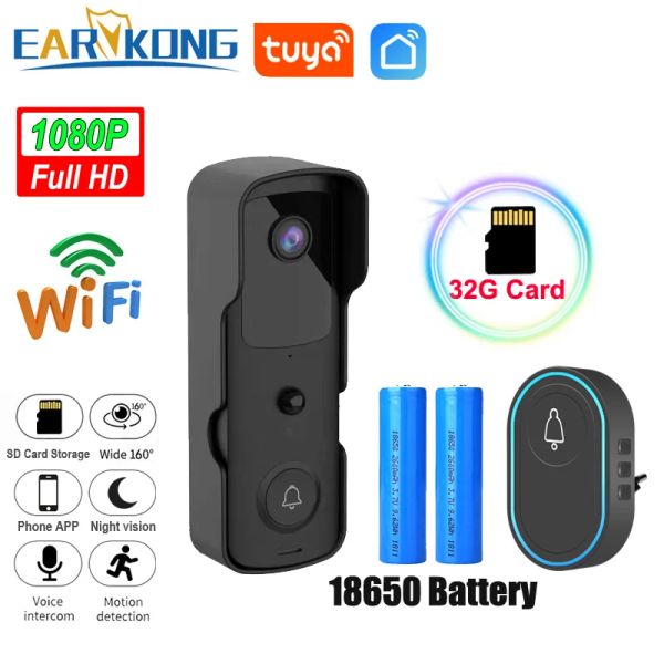 Sonnette de portes vidéo caméra de porte wifi tuyasmart 1080p application de caméra de sécurité HD Interphone Vision nocturne Batterie rechargeable Batterie sans fil cloche