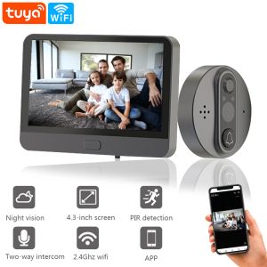 Sonnette de porte WiFi Video Door Puphole Camera Visionneuse de porte avec l'écran LCD Vision nocturne Contrôle de l'application Tuya pour la sécurité de l'appartement à domicile