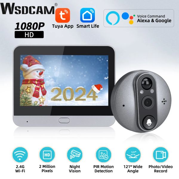 Puertos WSDCAM 1080P Cámara de puerta Wifi Peephole Pir Motion Detection 5000MAH Mart Toilebell Ojero Camera Alexa Google Video Vista