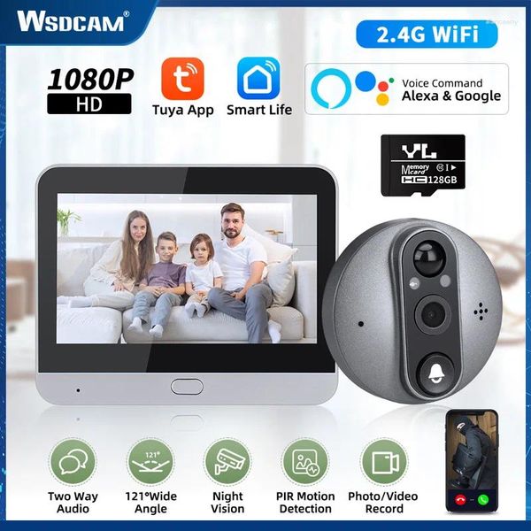 Timbres de puerta Wsdcam Tuya WiFi Timbre de puerta Cámara de mirilla 4.3 pulgadas Timbre inalámbrico para el hogar Audio de 2 vías Visión nocturna Alexa Google Smart