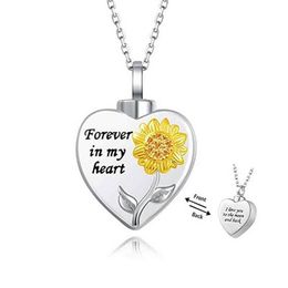 Doreen Box Cremation Cremation Ash Urn Heart Sunflower Penndants Collier Silver Color Metal Femmes Les hommes peuvent ouvrir des cadeaux de bijoux 1PC242R