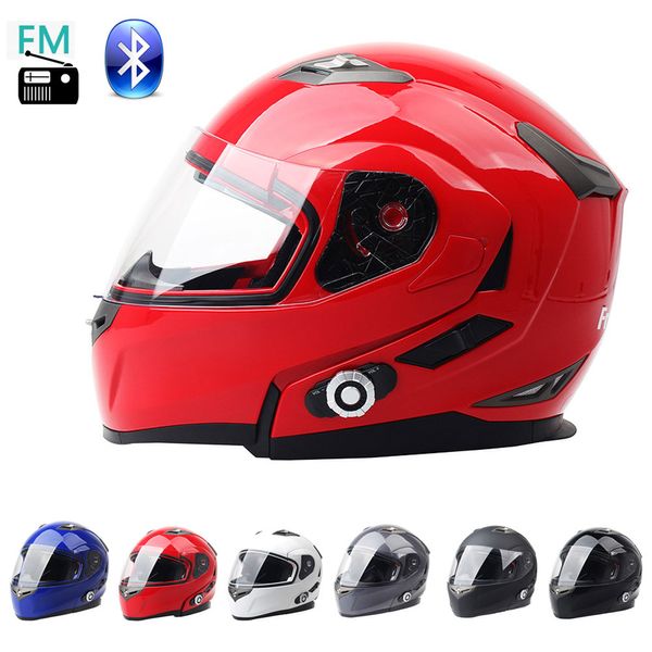 DOT aprobado Modular Motocicleta Flip Up Safety Safety Doble Lens Casco de cara abierta Completa Construido en Bluetooth Intercom y FM Radio