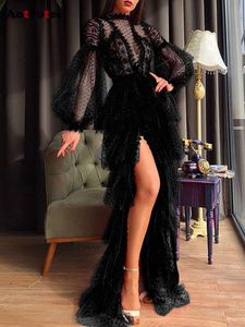 Dot Maxi voor dames mode asymmetrische gelaagde jurken vintage split opstaande kraag lantaarn mouwjurk