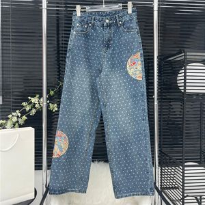 Denim broek met stippenprint Designer geborduurde jeans voor dames Losse broek met rechte pijpen Mode lange broek