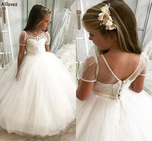 Dot White Tule Cute Princess Flower Girl -jurken voor bruiloft Jewel nek knoppen Low Back Infant First Communion Party Jurken Little Girl's Pageant Formal Wear CL2327