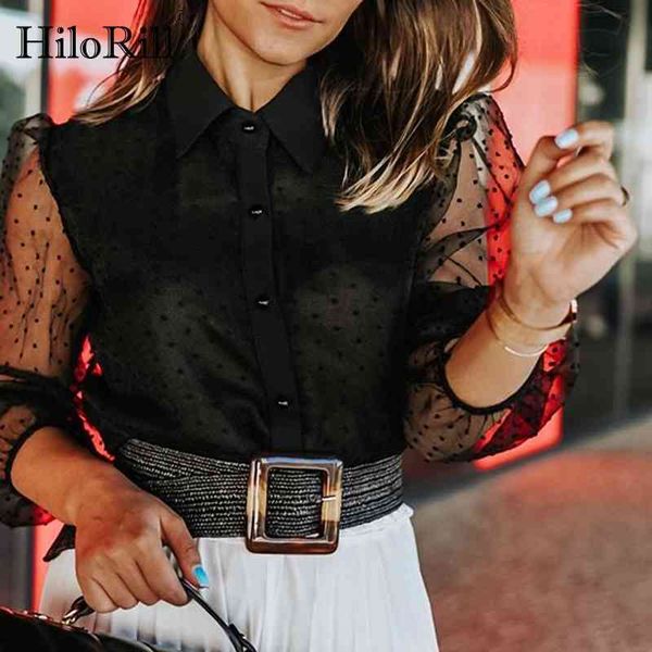 Puntos Bordado Mujeres Organza Blusa Lantren Manga Negro Ver a través de Chic Top Casual Turn Down Collar Camisa Blusa 210508