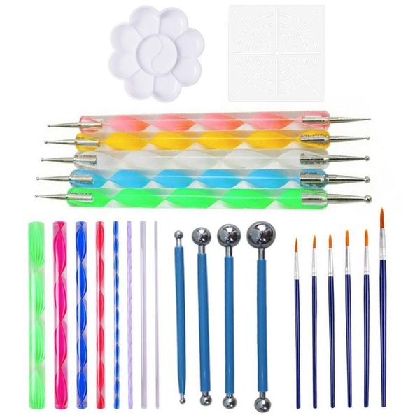 Dotting Tools 25 PCS Mandala Peinture Outils de pointage avec tiges de pointage Stylet à bille Pochoir Plateau de peinture Brosses pour Nail Rock Tissu Wall Art 230912