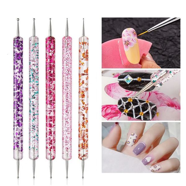 Herramientas de punteado 5 piezas Set Nail Art Pens Doble punta Mango de cristal transparente Taladro Pluma Acrílico Gel Pintura Dibujo DIY Manicura Herramienta 231020