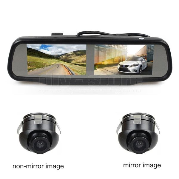 Monitor de coche con espejo retrovisor de pantalla doble de 4 y 3 pulgadas con cámara de visión trasera de coche 2 x CCD para cámara de visión trasera frontal 322x