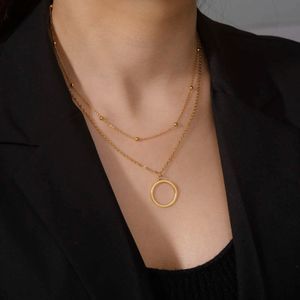 Dubbele kraal ketting holle cirkel hangsel ketting voor vrouwen goud kleur populair eenvoudige roestvrijstalen kettingen sieraden