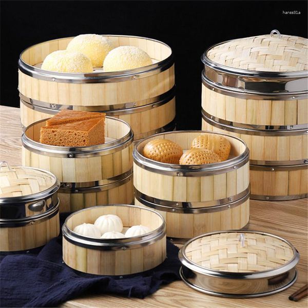 Cesta de vapor de alimentos de bambú con caldera doble, con bandas de acero inoxidable, sin tapa, bollos al vapor, albóndigas, cocina en jaula DimSum, utensilio de cocina