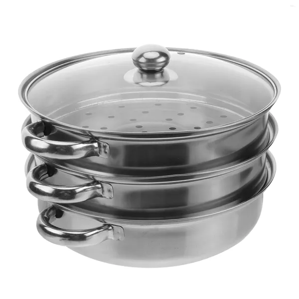 Olla de vapor de acero inoxidable con caldera doble, olla de Metal con tapa de vidrio, Caldera de tres capas, utensilios de cocina humeantes para verduras