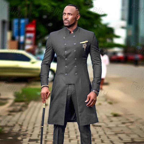 Double boutonnage conception africaine Slim Fit hommes costumes pour mariage marié Tuxedos gris foncé marié homme bal Blazer hommes Blaz268T