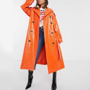 Trench-coat à Double boutonnage de Style britannique pour femme, manteau Long en Faux cuir texturé, tendance, vente en gros, automne-hiver
