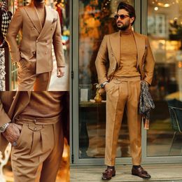 Double Breasted Brown Mens Tuxedos Broek Pakken Hoge Kwaliteit Jas Business Party Prom Wedding Blazer Custom 2 Stuk