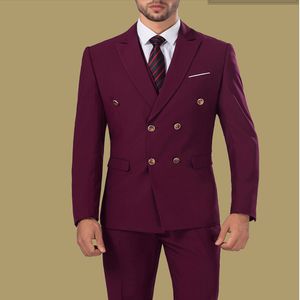 Tuxedos de marié bordeaux à Double boutonnage, costumes à revers pour hommes, 2 pièces, Blazer de mariage/bal/dîner (veste + pantalon + cravate) W807