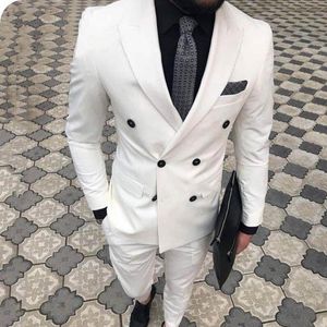 2021 Double Breasted Custom Made White Mens Past Ivory Bruidegom Tuxedo Wedding Suits voor Mannen Blazers Slim Fit Formele Business Suit Plus Size