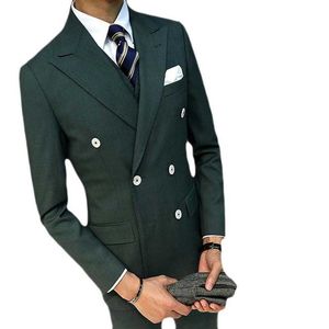 Double Breasted Dark Green Business Suits voor Mannen Slim Fit Bruidegom Tuxedos 3 Stuk Bruiloft Jas Vest met Broek Mannelijke Mode X0909