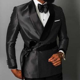 Trajes de hombre de puntos de doble botonadura con cinturón esmoquin de boda ajustado para padrinos de boda conjunto de moda de hombre de 2 piezas chaqueta con pantalones negros X0909