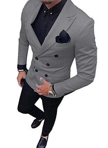 Tuxedos de marié gris à double boutonnage Peak Lapel Hommes Costumes 2 pièces Mariage / Bal / Dîner Blazer (Veste + Pantalon + Cravate) W831