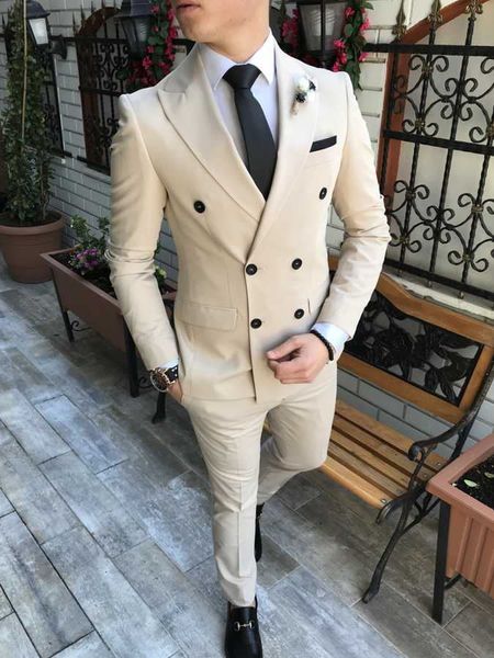 Grooms à double boutonnage Peak revéroulier Tuxedos Champagne Hommes Costumes Mariage / PROM / Dîner Best Homme Blazer (Veste + Pantalon + Cravate) K935