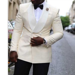 Double boutonnage Ivoire hommes costumes pour mariage Sllim Fit châle revers marié smoking africain mâle mode veste avec pantalon noir X0909