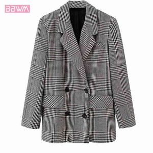 Dubbele breasted revers lange mouw retro Houndstooth casual chique vrouwelijke jas harajuku mode en westerse stijl damesjas 210507