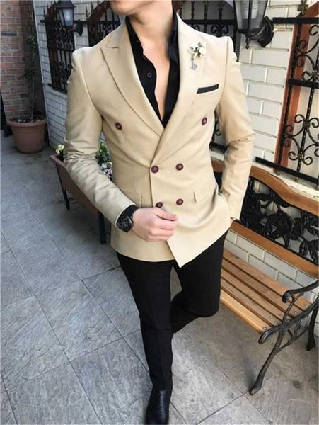 Trajes de hombre de doble botonadura Beige / Negro Novio Esmoquin Muesca Solapa Padrinos de boda Boda / Baile de graduación / Cena Hombre Blazer Novio 2 piezas (Chaqueta + Pantalones + Pajarita) L653