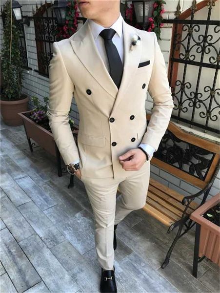 Trajes de hombre de doble botonadura Esmoquin de novio beige / azul Solapa de pico Padrinos de boda / Baile de graduación / Cena Hombre Blazer Novio 2 piezas (Chaqueta + Pantalones + Pajarita) L654