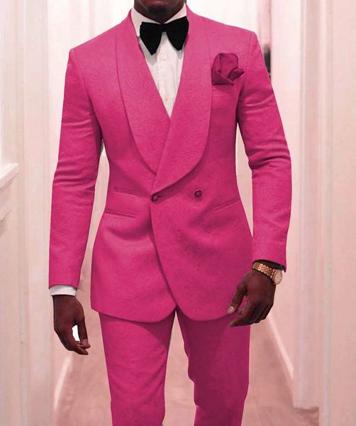Trajes de hombre de doble botonadura Patrón de color rosa fuerte Novio Esmoquin Chal Solapa Padrinos de boda Boda Mejor hombre 2 piezas (chaqueta + pantalones + pajarita) L632