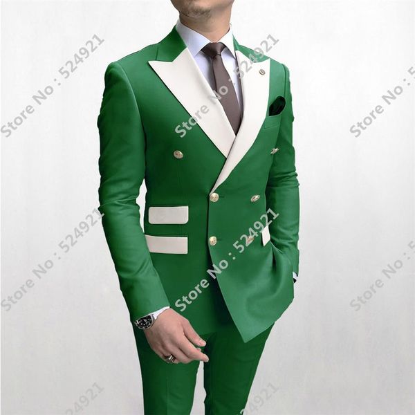 Double boutonnage hommes costumes vert clair et blanc marié smokings pic revers garçons d'honneur mariage bal homme 2 pièces veste pantalon T210Q
