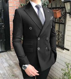 Double Breasted Peak Revers Gentleman Gris Blazer Deux Pièces Hommes Costume avec Pantalon Veste Argent Formelle Pour Mariage Marié Tuxedos X0909