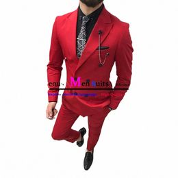 Double boutonnage Peak Revers Gentleman Blazer Rouge Deux Pièces Costume Pour Hommes Avec Pantalon Veste Formelle Pour Le Mariage Marié Tuxedos Costumes W3ba #