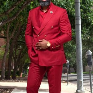 Double Breasted Red Men Suits Slim Fit Peak Revers Kostuum Bruiloft Bruidegom Tuxedo 2 stuk Mannelijke Mode Jas met broek 2021 x0909