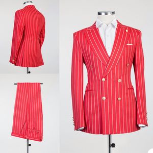 Esmoquin de doble botonadura con rayas rojas para hombre, ropa de novio, traje de chaqueta de boda ajustado, pantalones formales de graduación de negocios (chaqueta + pantalones)