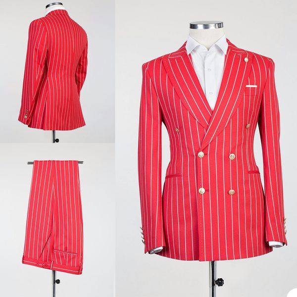 Esmoquin de doble botonadura con rayas rojas para hombre, ropa de novio, traje de chaqueta de boda ajustado, pantalones formales de graduación de negocios (chaqueta + pantalones)