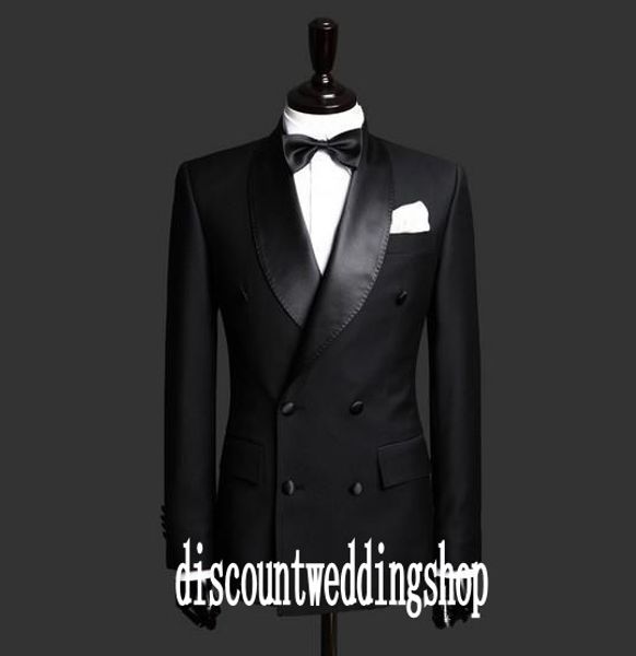 Doble botonadura con abertura lateral Esmoquin negro para novio Mantón de solapa Padrinos de boda Bodas para hombre Trajes de negocios para fiesta de graduación (chaqueta + pantalones + faja + corbata) NO: 2599