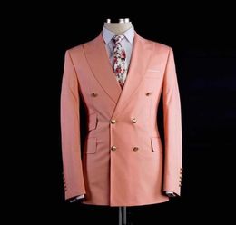 Double Breasted Side Vent Pink Groom Tuxedos Peak Revers Mens Coat Broek Set Prom Oarty Business Past (Jacket + Pants + Tie) G1671