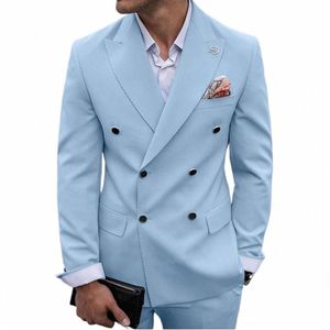Double Breasted Hemelsblauw Mannen Pakken Slim Fit Piek Revers Bruidegom Wedding Suits Blazer Maatwerk Beste Mannen Tuxedos kostuum Homme Y2qH #